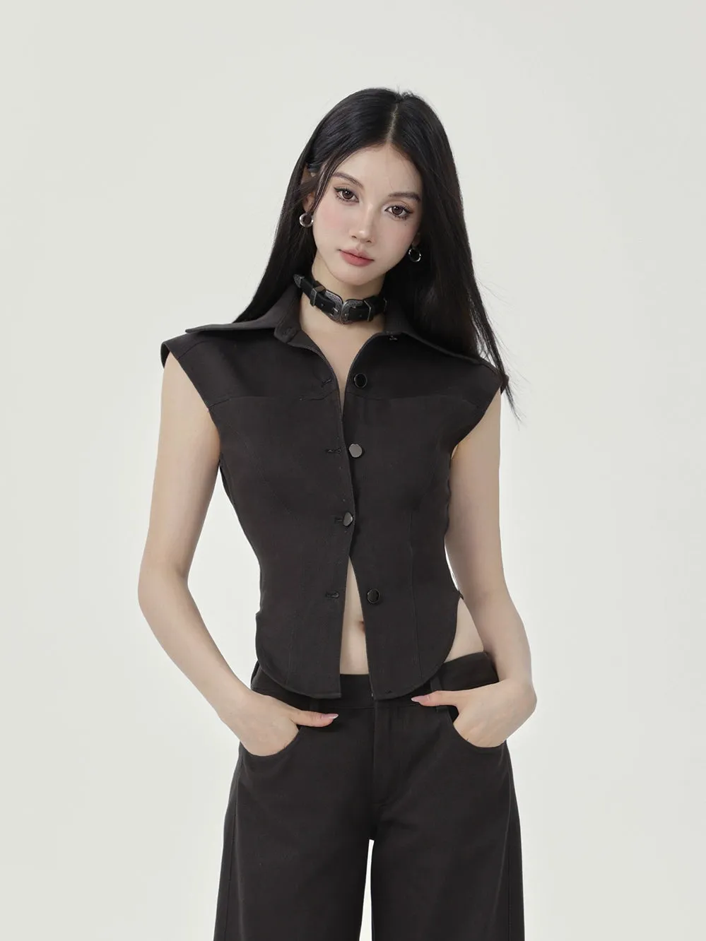 Sleeveless Collared Button-Up Waistcoat Top sold by Night City Clothing product image thumbnail 3