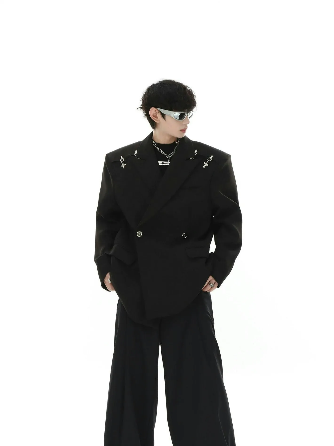Oversized Double-Breasted Blazer with Peak Lapels and Silver Accents sold by Night City Clothing product image thumbnail 4