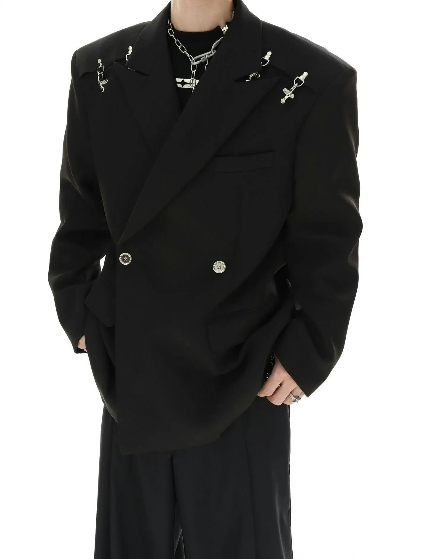 Oversized Double-Breasted Blazer with Peak Lapels and Silver Accents sold by Night City Clothing product image thumbnail 2