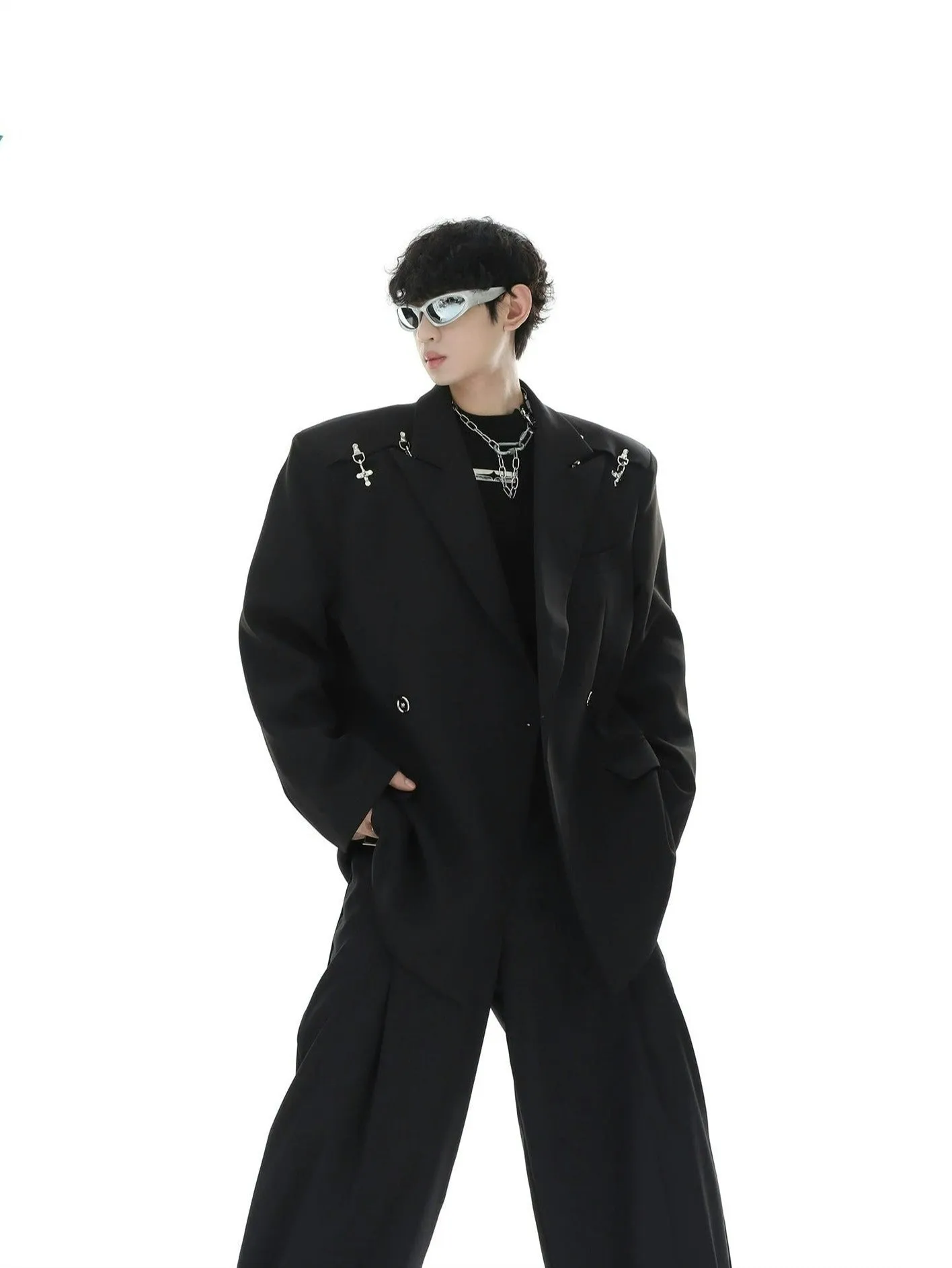 Oversized Double-Breasted Blazer with Peak Lapels and Silver Accents sold by Night City Clothing product image thumbnail 3
