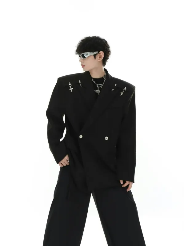 Oversized Double-Breasted Blazer with Peak Lapels and Silver Accents made by Night City Clothing