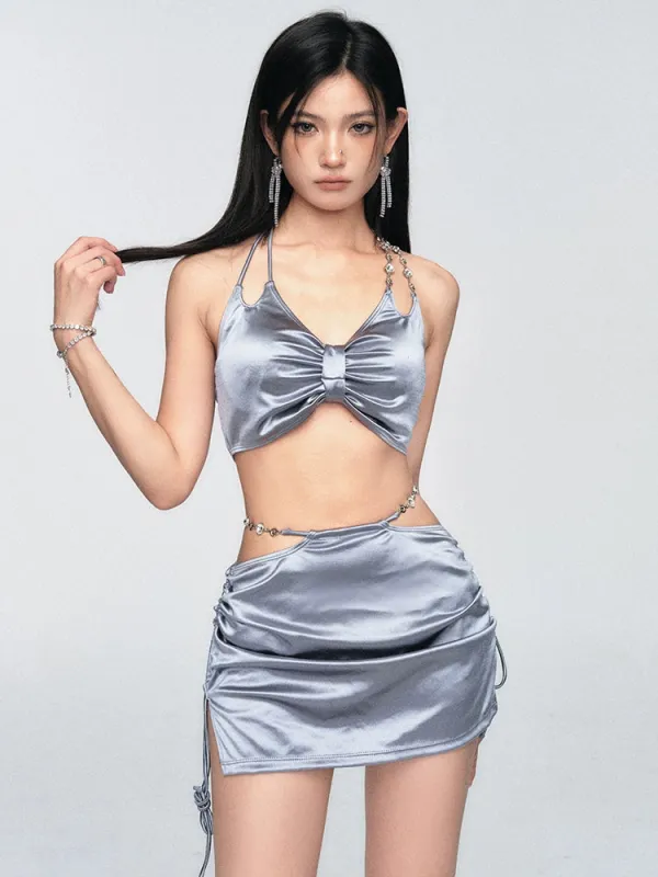 Satin-Finish Halter Neck Bikini Top and Sarong Set sold by Night City Clothing