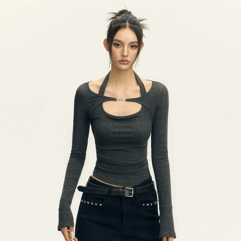 Halter Cutout-Layered Ribbed Long Sleeve Top sold by Night City Clothing