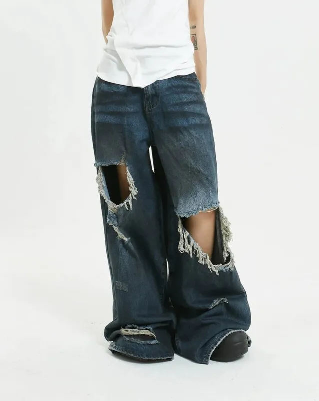 Wide-Leg Distressed Knee-Blown Denim Jeans sold by Night City Clothing
