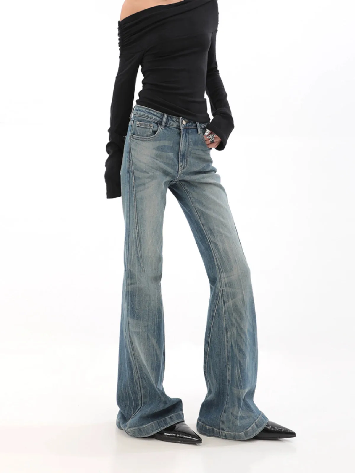 High Waist Vintage Wash Bell Bottom Jeans sold by Night City Clothing product image thumbnail 2
