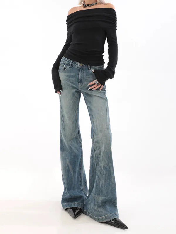 High Waist Vintage Wash Bell Bottom Jeans sold by Night City Clothing