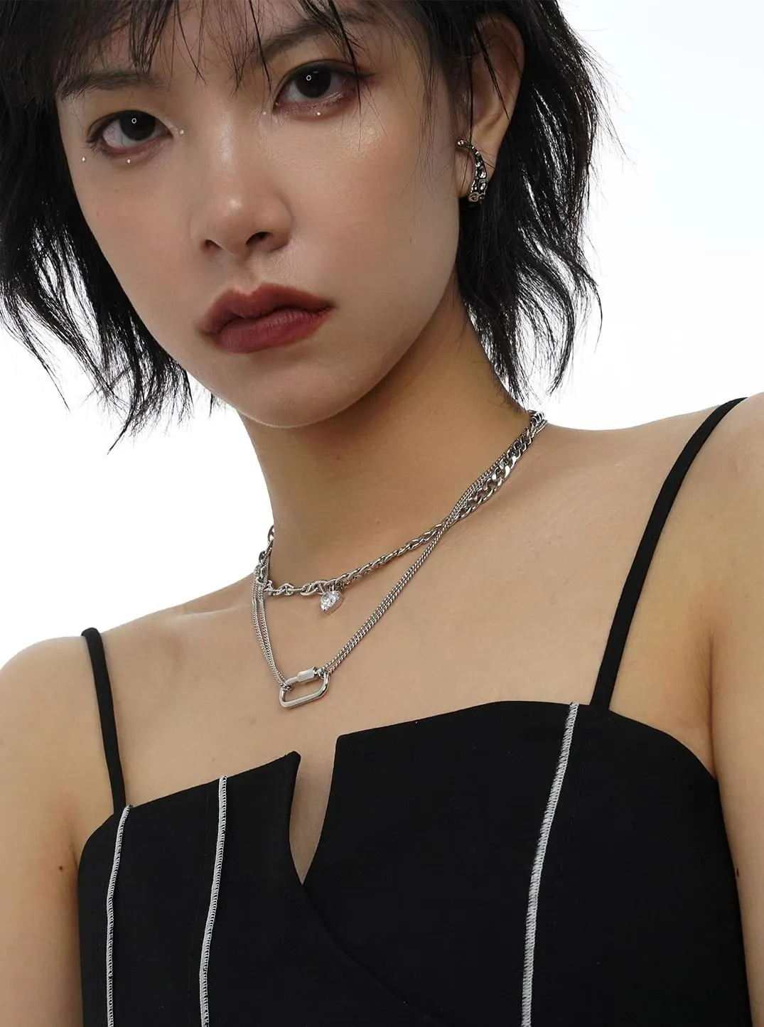 Multi Layer Chain Necklace with Heart Stud and Hollow Pendant sold by Night City Clothing product image thumbnail 5