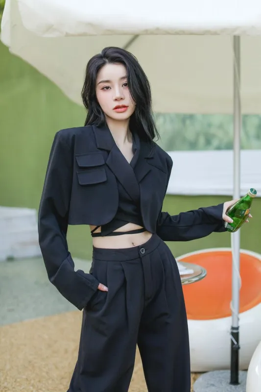 Slim Cropped Blazer with Rounded Hem Two-Piece Suit Set sold by Night City Clothing