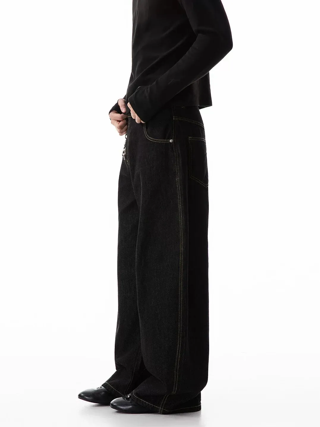 Contrast Stitch Wide Leg Jeans with Diagonal Fireman Buckles sold by Night City Clothing product image thumbnail 2