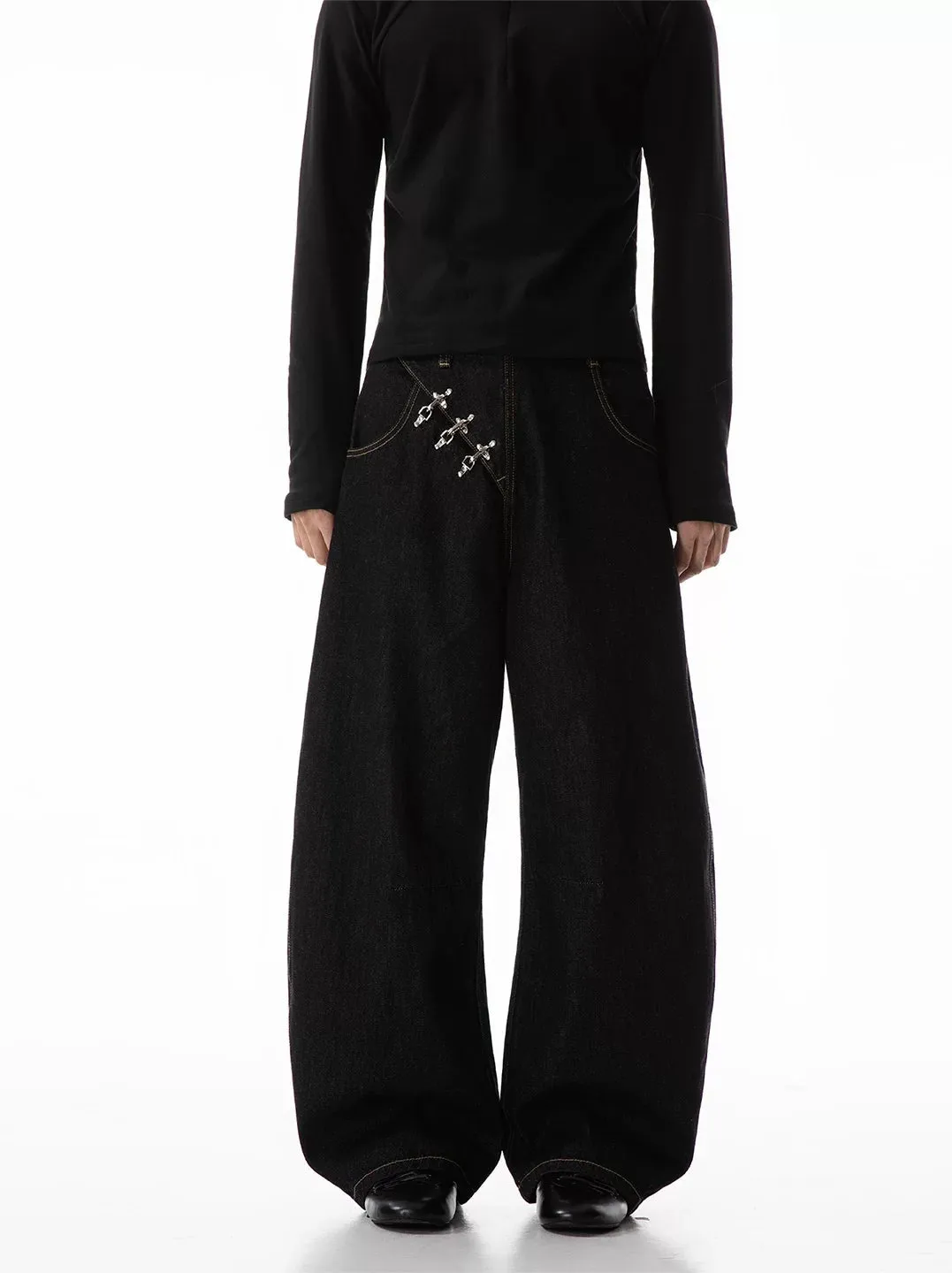 Contrast Stitch Wide Leg Jeans with Diagonal Fireman Buckles sold by Night City Clothing