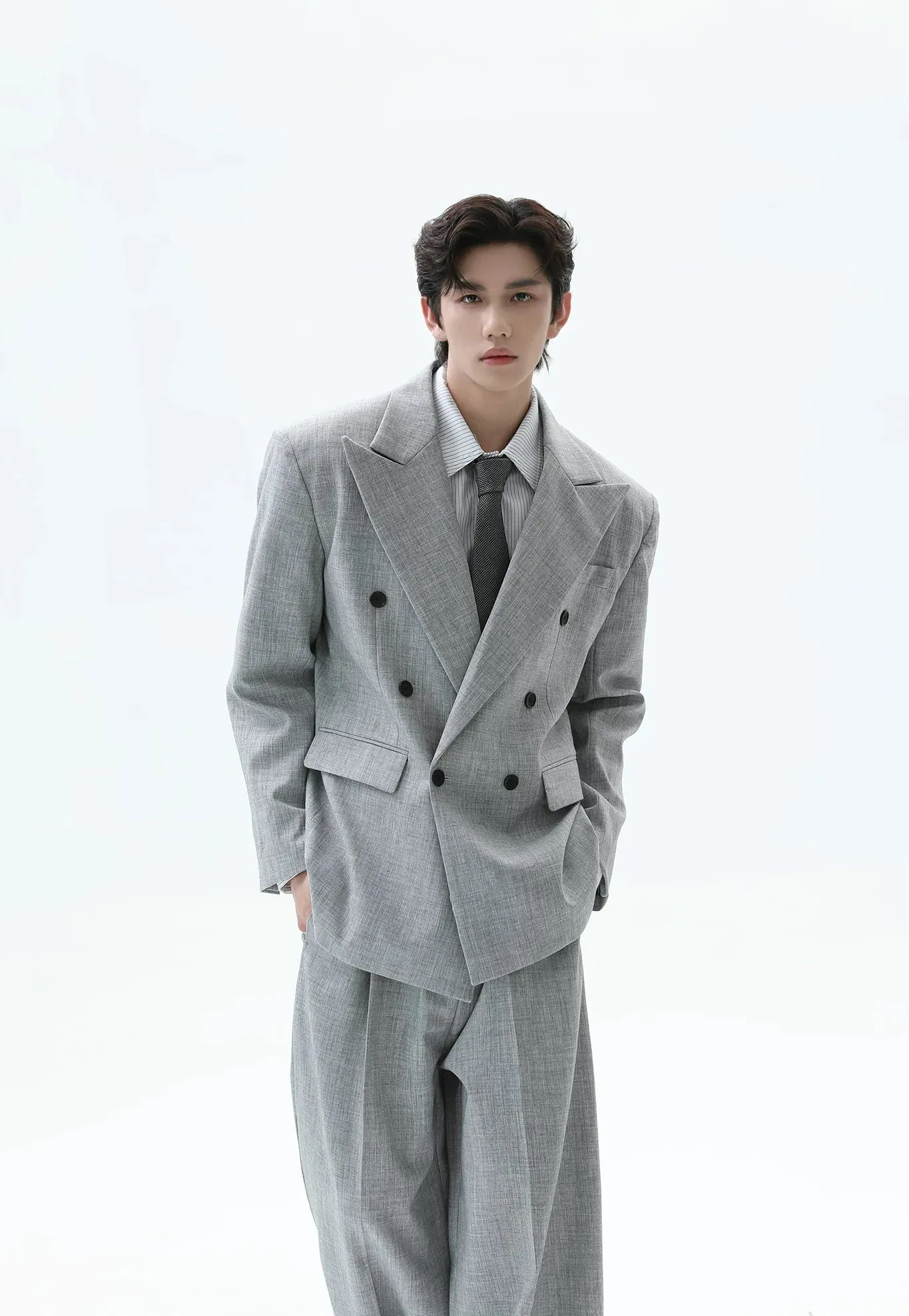Double-Breasted Peak Lapel Textured Suit Jacket and Wide Leg Trousers Two-Piece Set sold by Night City Clothing product image thumbnail 5