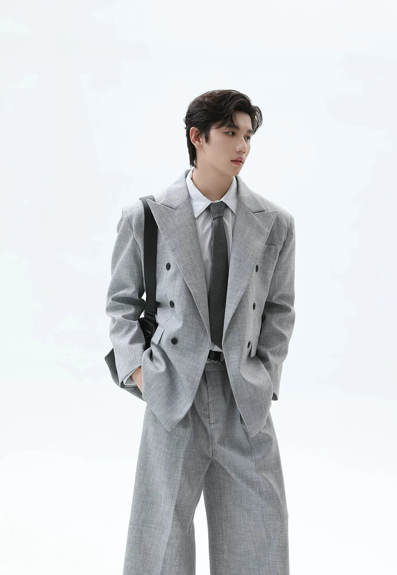 Double-Breasted Peak Lapel Textured Suit Jacket and Wide Leg Trousers Two-Piece Set sold by Night City Clothing product image thumbnail 3