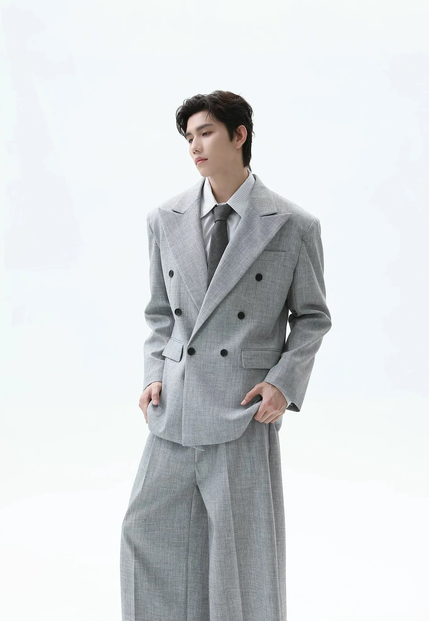 Double-Breasted Peak Lapel Textured Suit Jacket and Wide Leg Trousers Two-Piece Set sold by Night City Clothing product image thumbnail 4