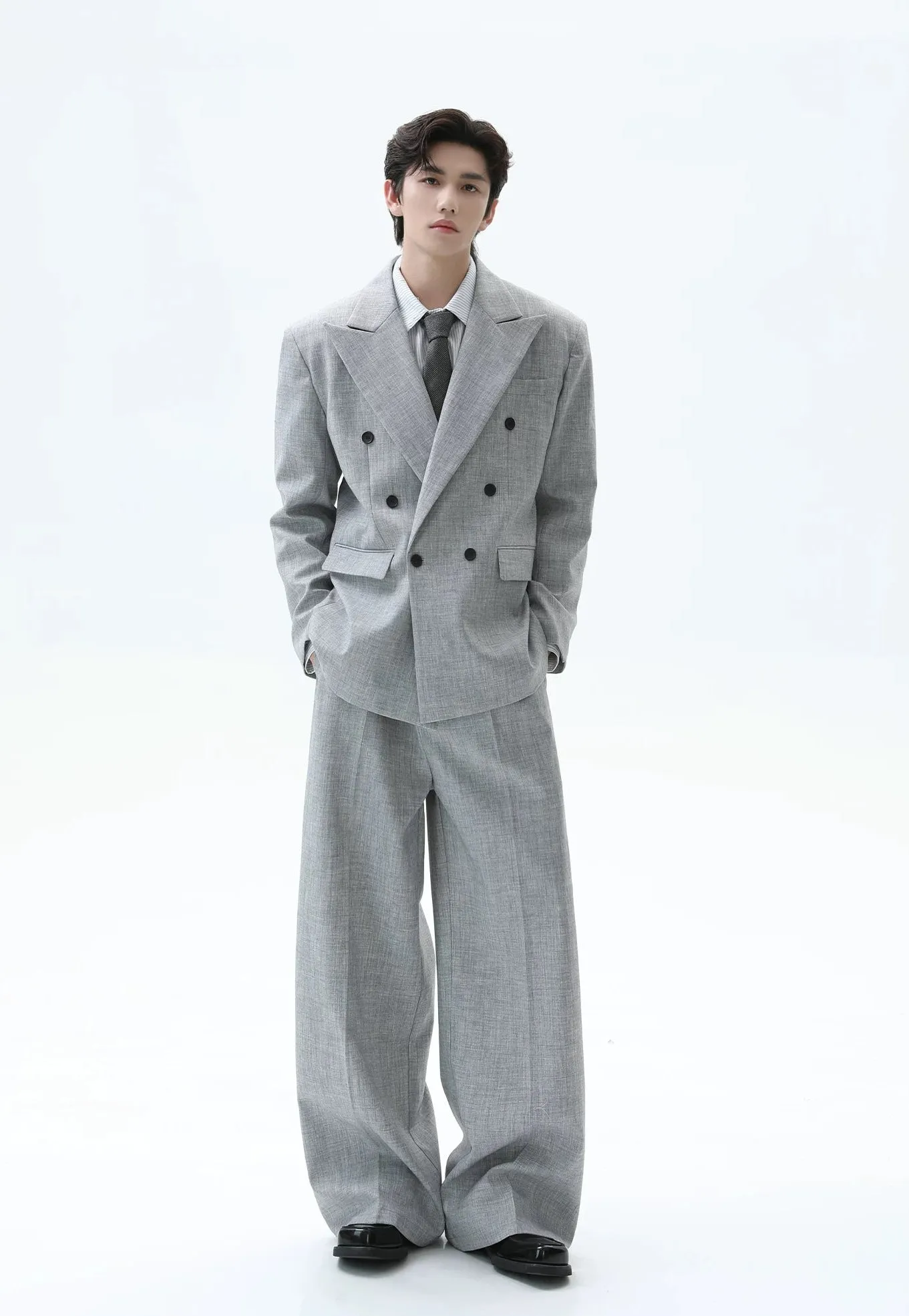 Double-Breasted Peak Lapel Textured Suit Jacket and Wide Leg Trousers Two-Piece Set sold by Night City Clothing