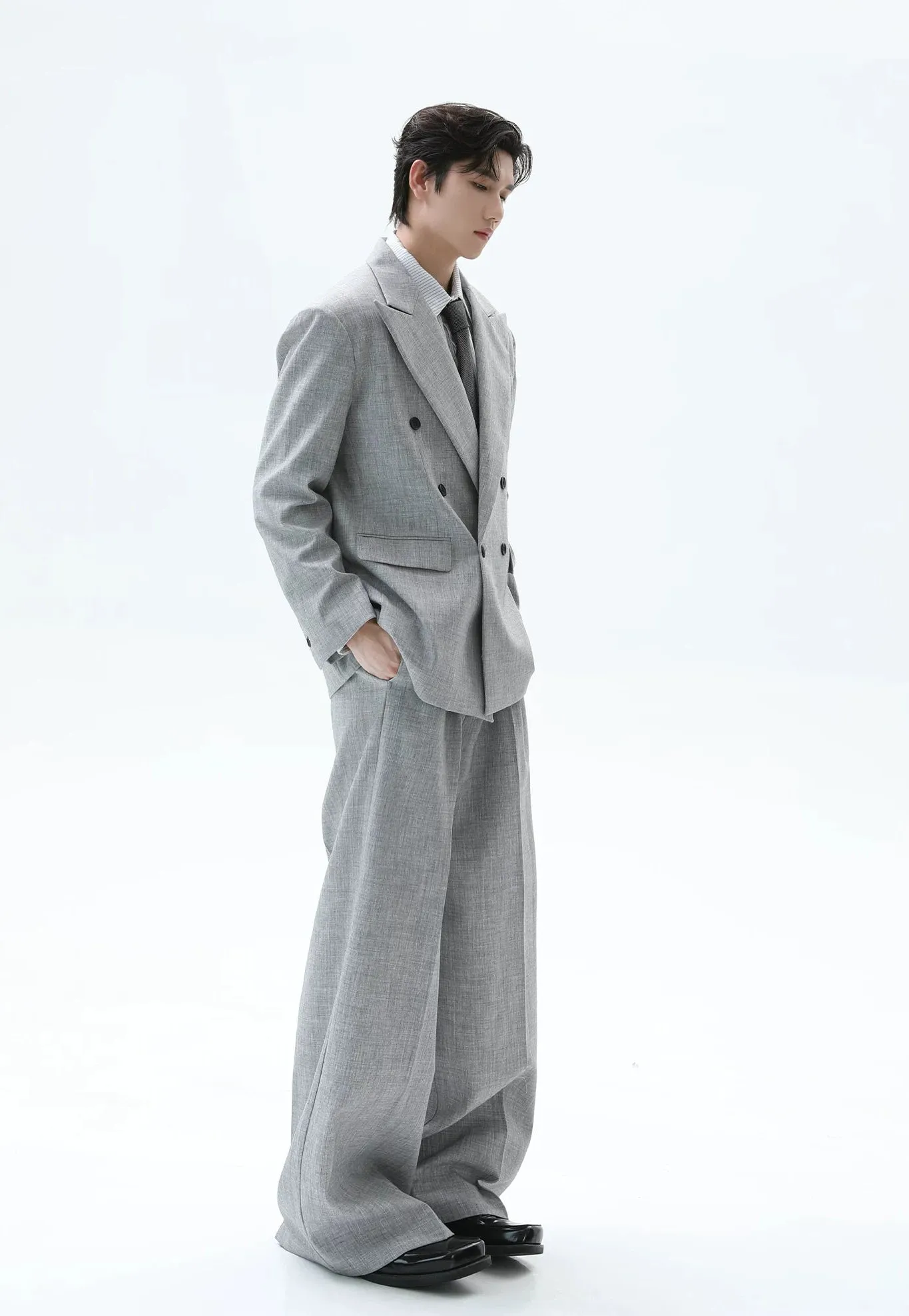 Double-Breasted Peak Lapel Textured Suit Jacket and Wide Leg Trousers Two-Piece Set sold by Night City Clothing product image thumbnail 2
