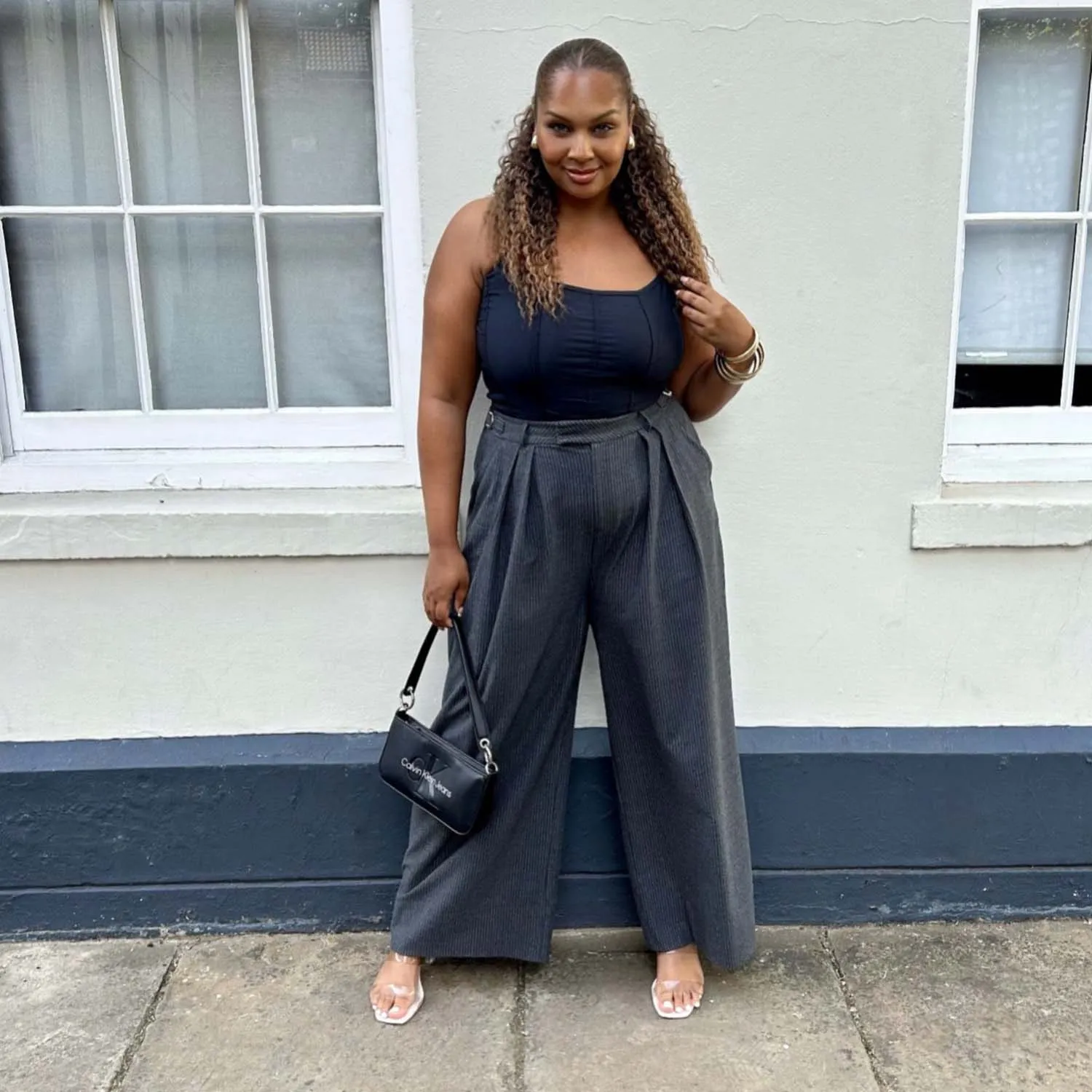 Wide Leg Pinstripe Tailored Trousers - Charcoal sold by Snag Tights