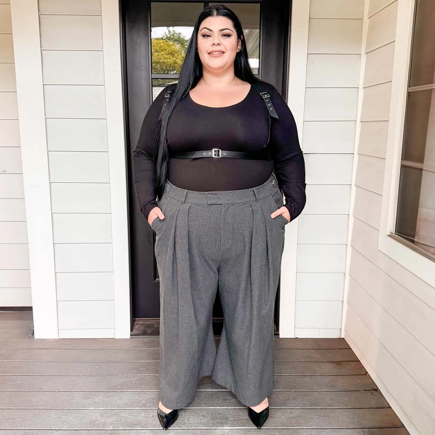 Wide Leg Pinstripe Tailored Trousers - Charcoal sold by Snag Tights product image thumbnail 5