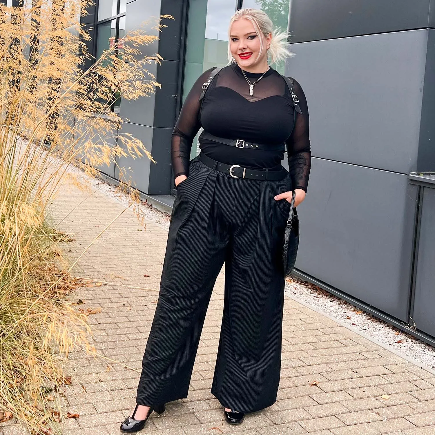 Wide Leg Pinstripe Tailored Trousers - Black sold by Snag Tights product image thumbnail 3