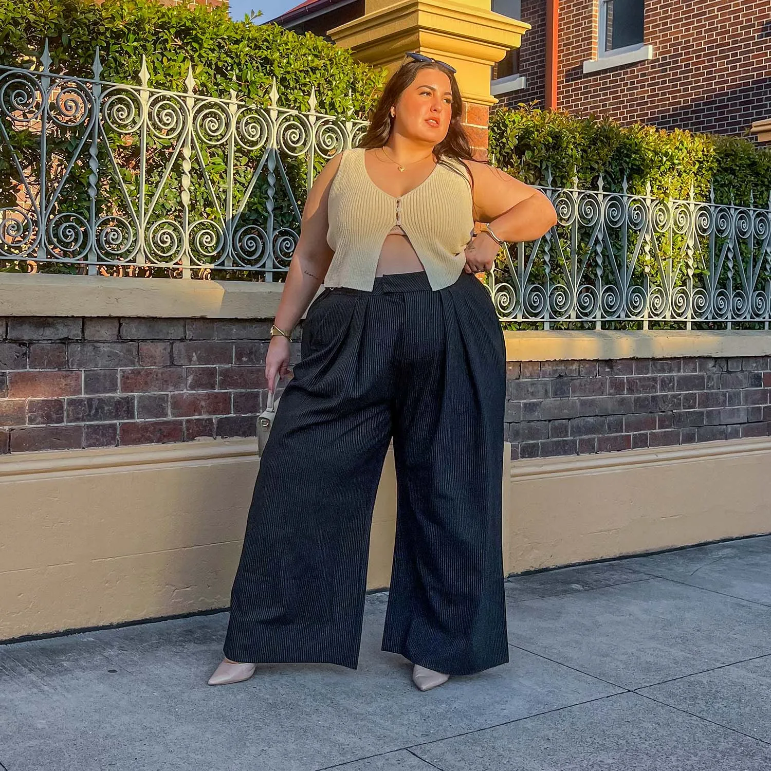 Wide Leg Pinstripe Tailored Trousers - Black sold by Snag Tights