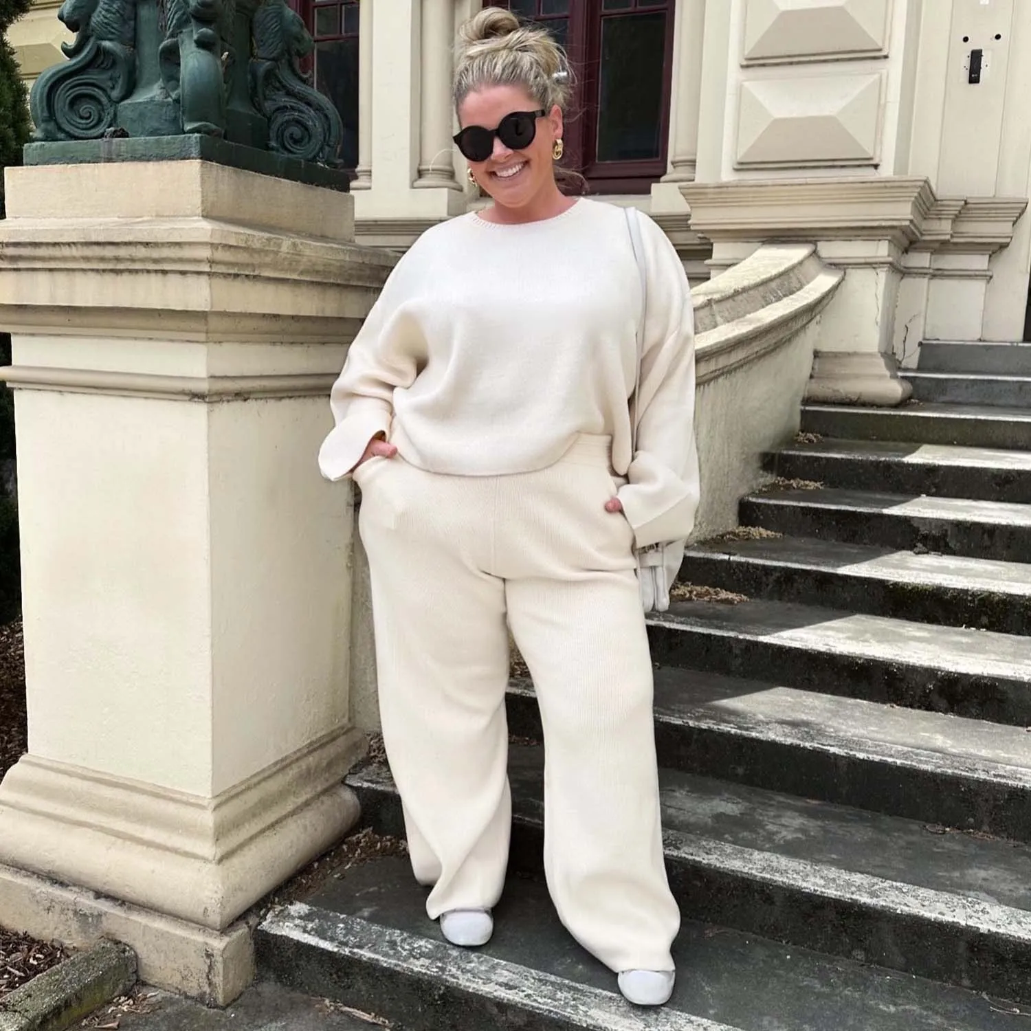 Knit Rib Wide Leg Trousers - Oatmeal sold by Snag Tights