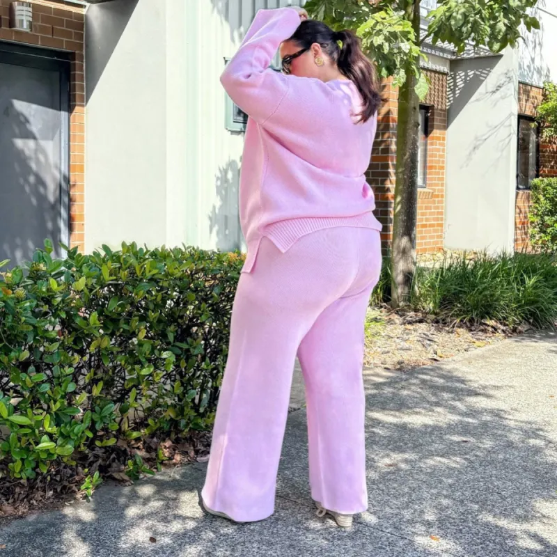 Knit Rib Wide Leg Trousers - Pétale de Rose sold by Snag Tights