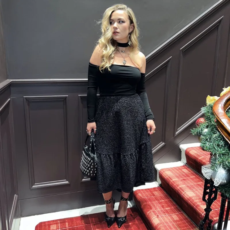 Lurex Tiered Midi Skirt - Black sold by Snag Tights