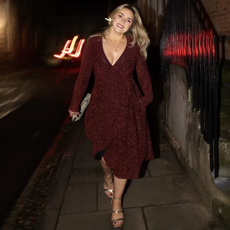 Lurex Wrap Dress - Bordeaux sold by Snag Tights