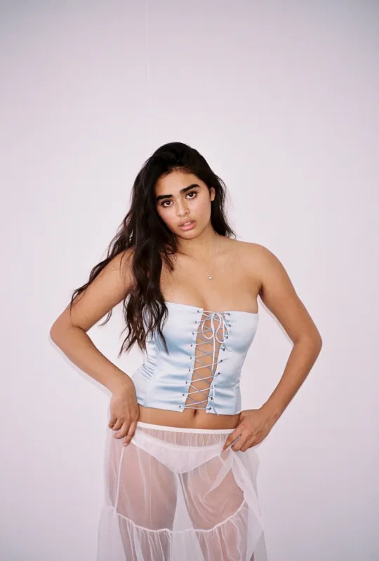 The Jolie Corset in Baby Blue sold by Bella Venice
