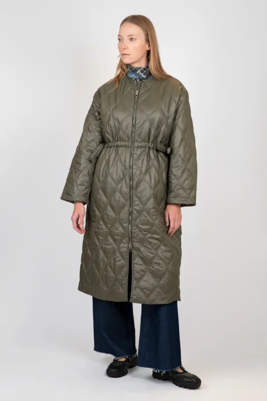 Green Shiny Quilt Long Coat sold by Hills Dry Goods