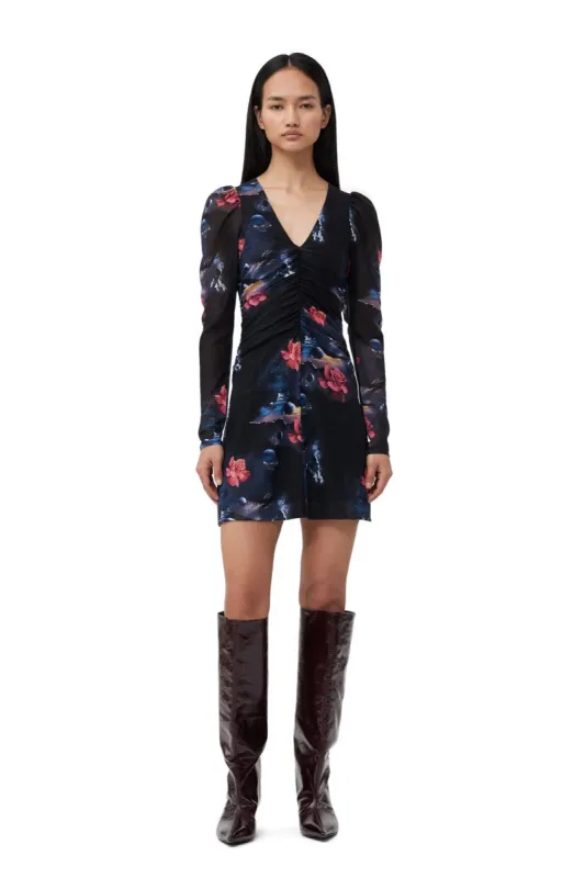 Printed Mesh Gathered Mini Dress sold by Hills Dry Goods