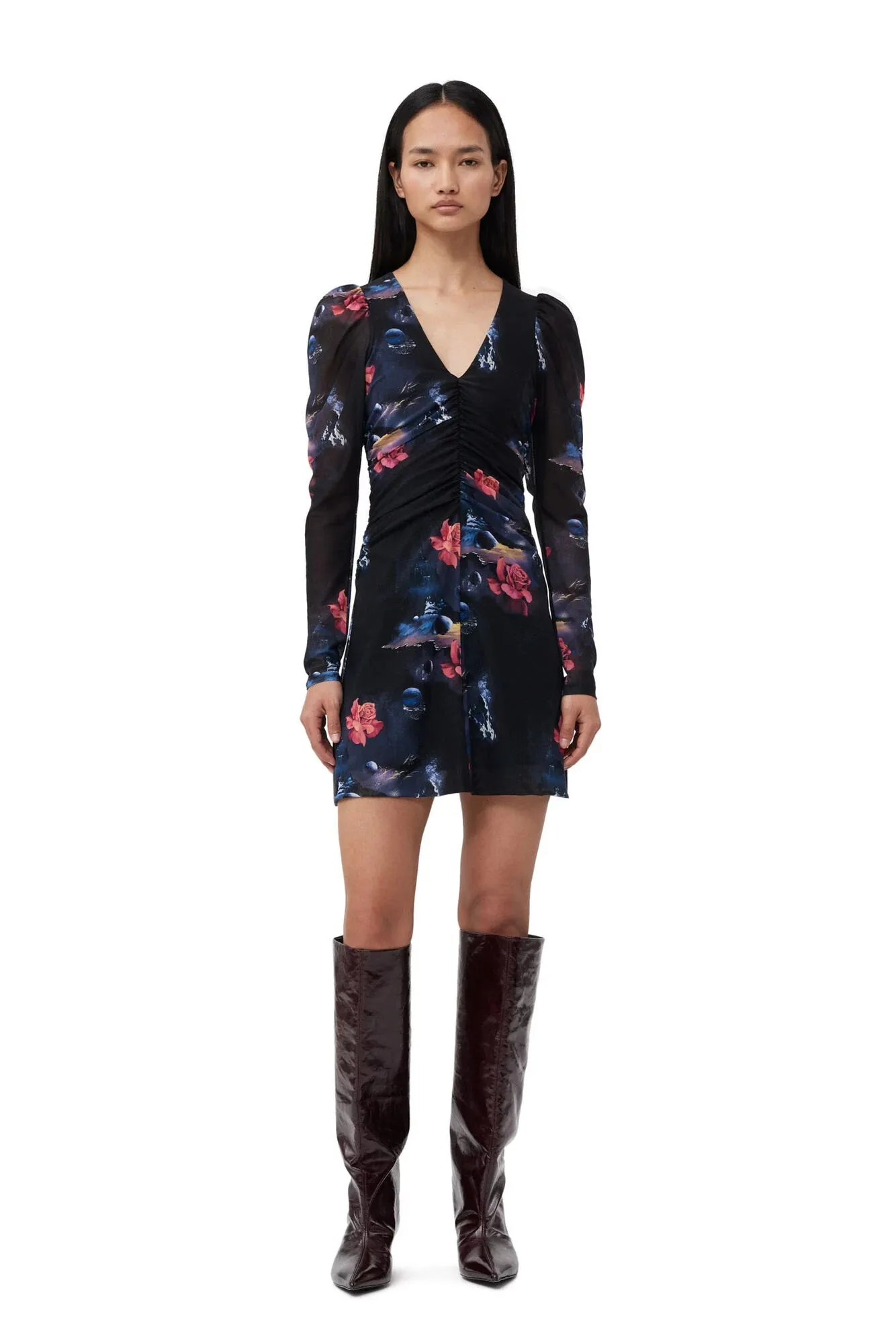 Printed Mesh Gathered Mini Dress sold by Hills Dry Goods