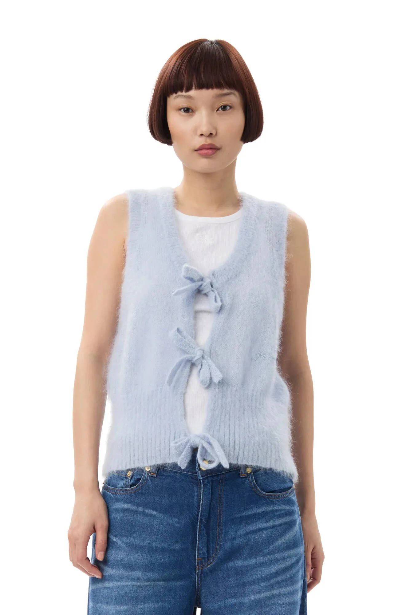 Blue Mohair Tie String Vest sold by Hills Dry Goods
