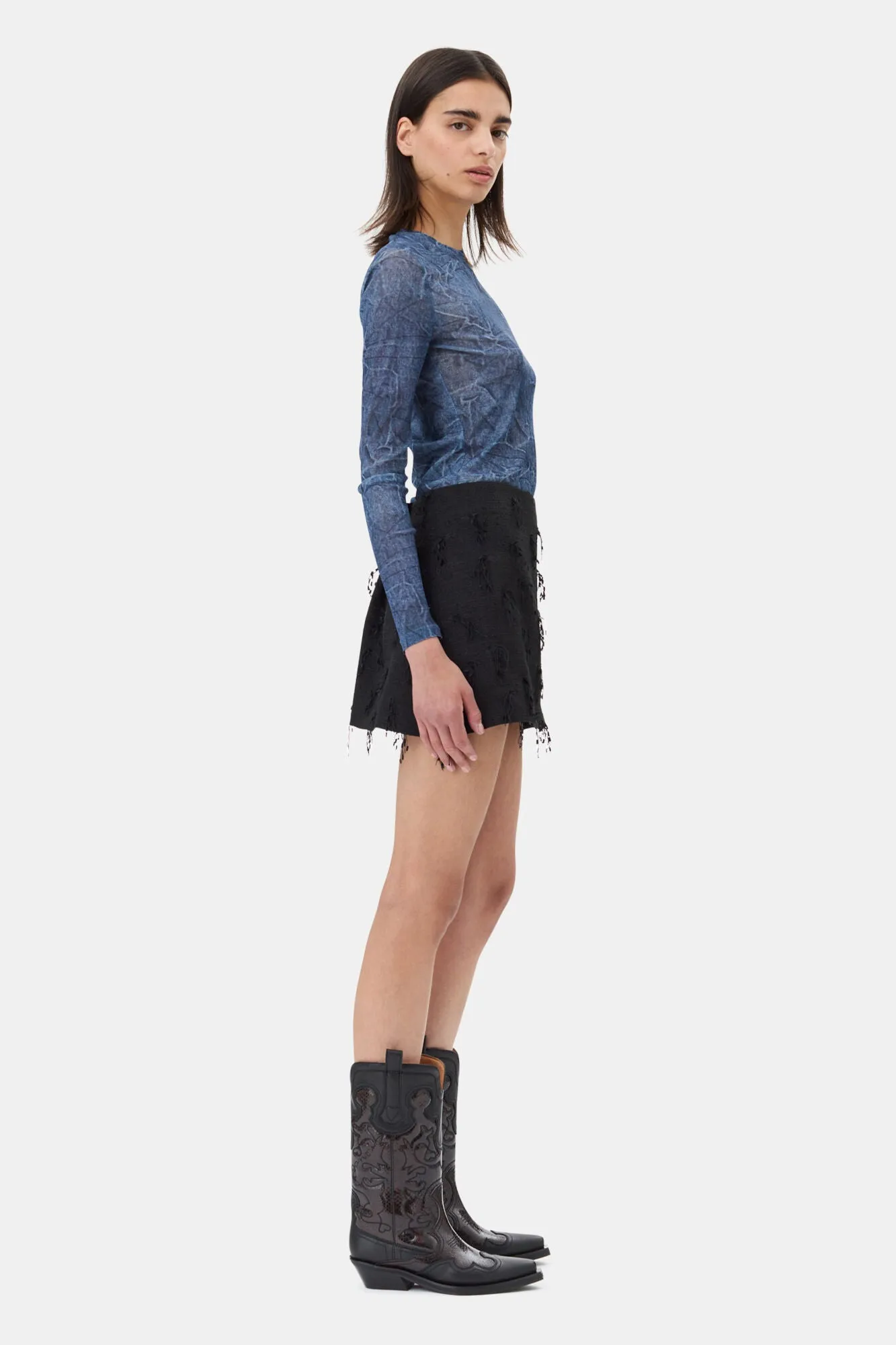 Blue Printed Mesh Long Sleeve Blouse sold by Hills Dry Goods product image thumbnail 3