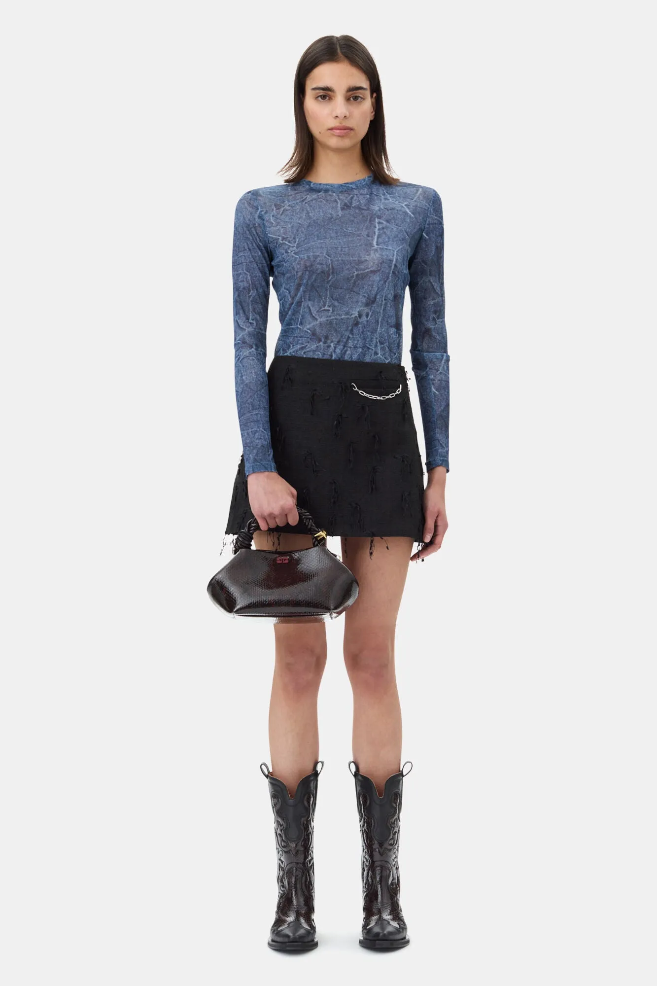 Blue Printed Mesh Long Sleeve Blouse sold by Hills Dry Goods product image thumbnail 2