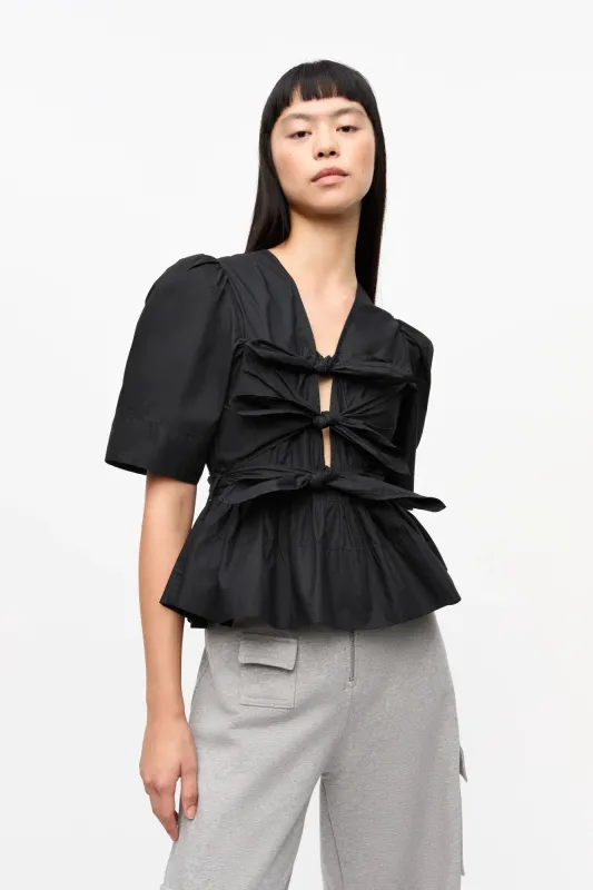 Black Stretch Cotton Tie Strap Blouse made by Ganni