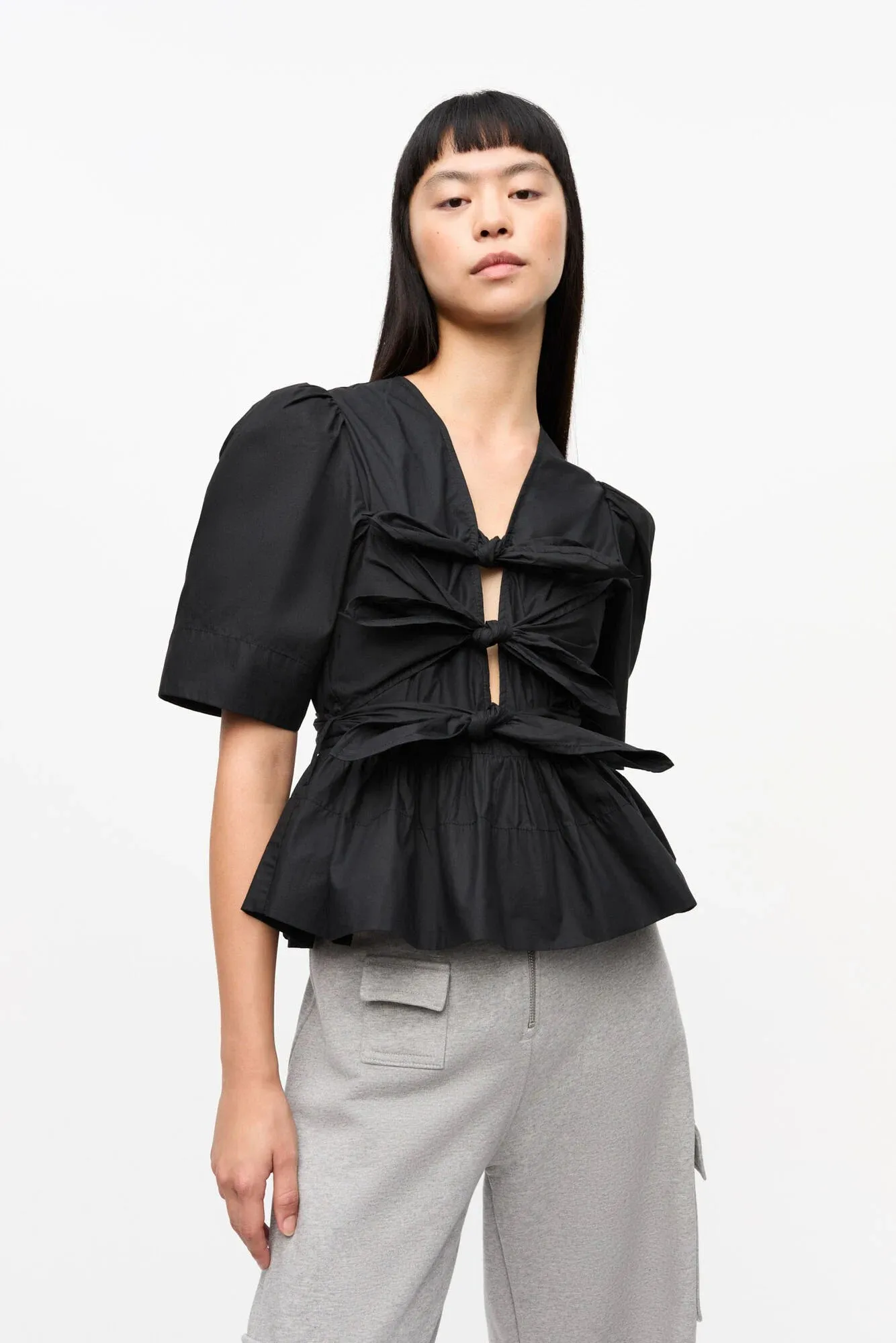 Black Stretch Cotton Tie Strap Blouse sold by Hills Dry Goods