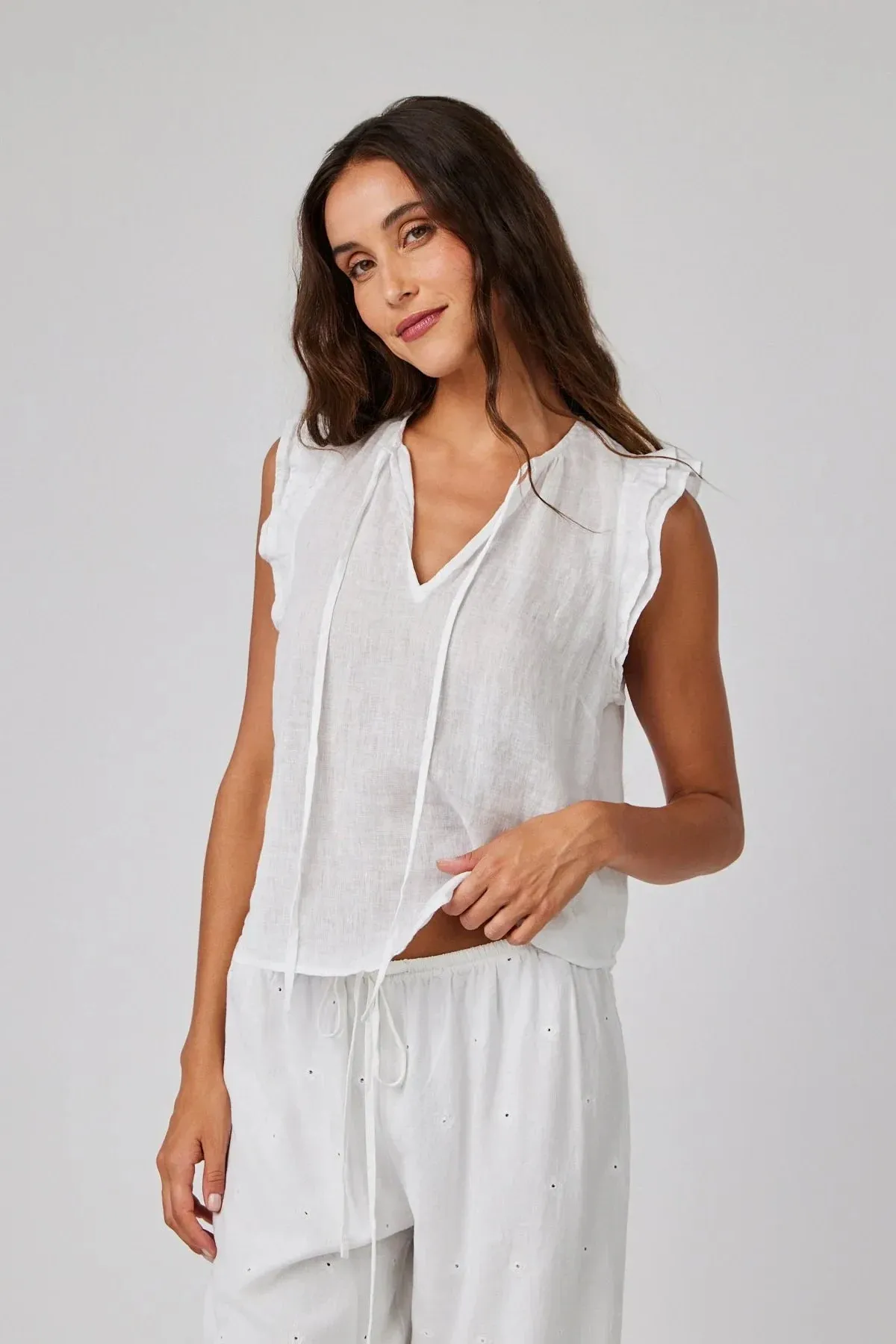 Linen Ruffle Sleeve Top sold by Hills Dry Goods