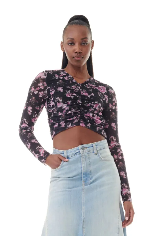 Black Floral Printed Mesh Ruched Blouse made by Ganni