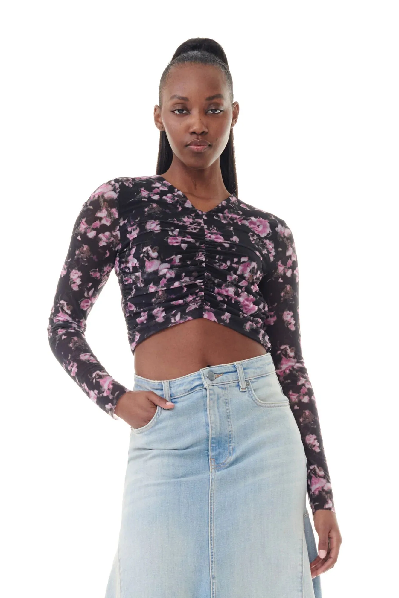 Black Floral Printed Mesh Ruched Blouse sold by Hills Dry Goods
