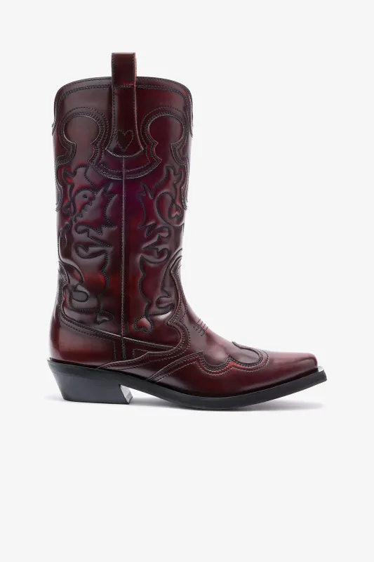 Mid Shaft Embroidered Western Boots in Burgundy made by Ganni