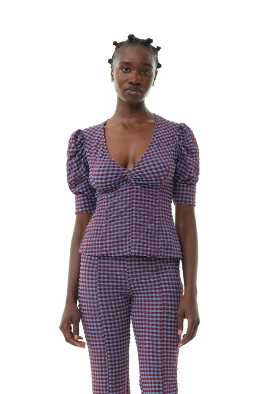 Checkered Seersucker V-Neck Blouse sold by Hills Dry Goods