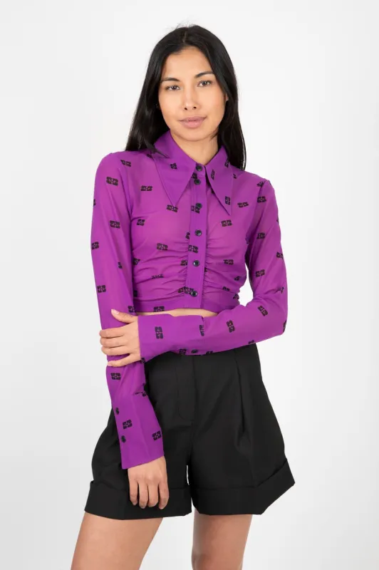 Printed Mesh Cropped Ruched Shirt sold by Hills Dry Goods