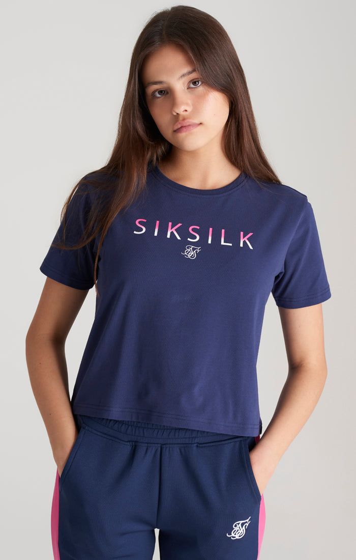 Girls Navy Fade Logo Cropped T-Shirt sold by Siksilk