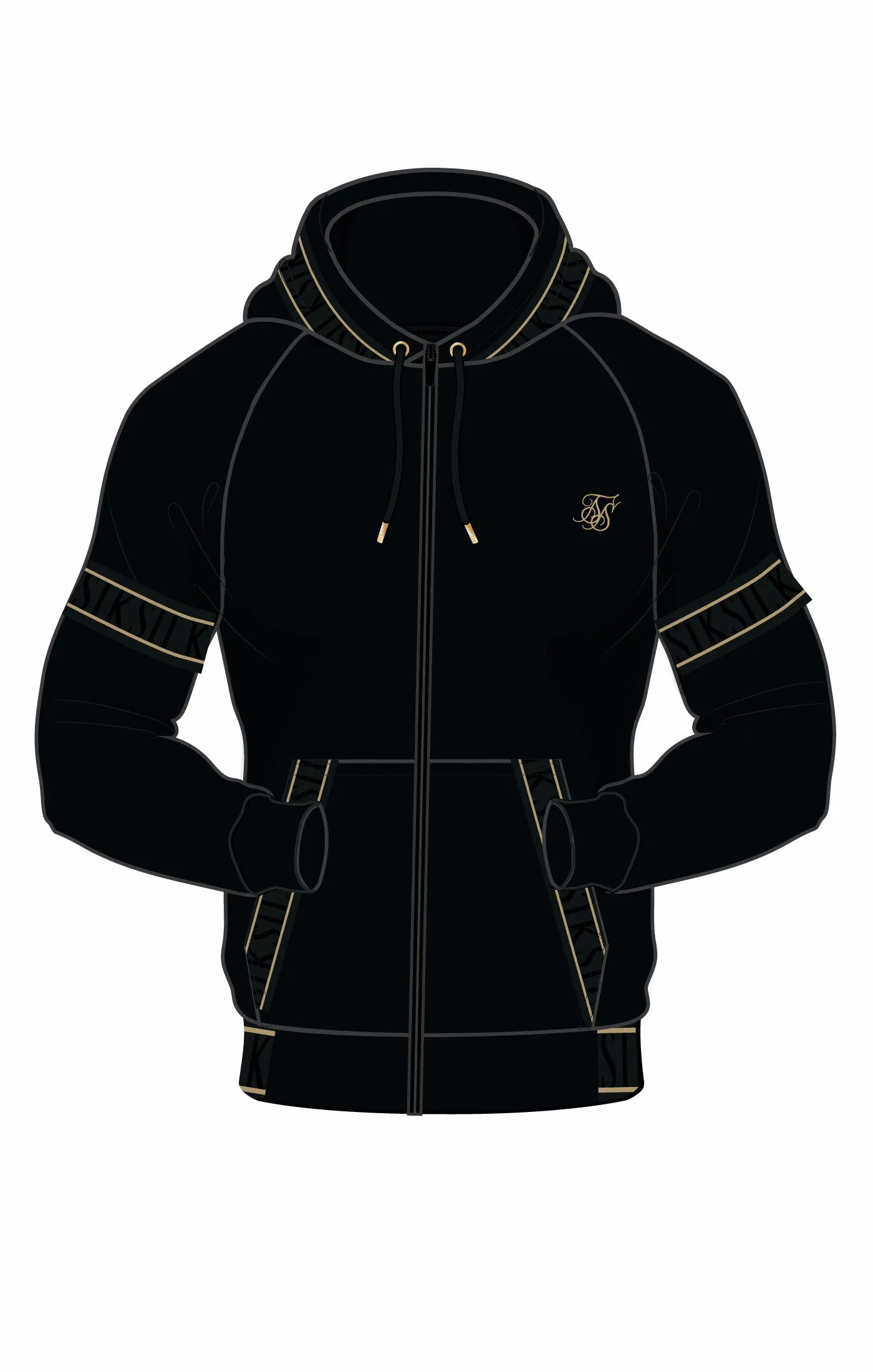 Black & Gold Muscle Fit Taped Hoodie sold by Siksilk