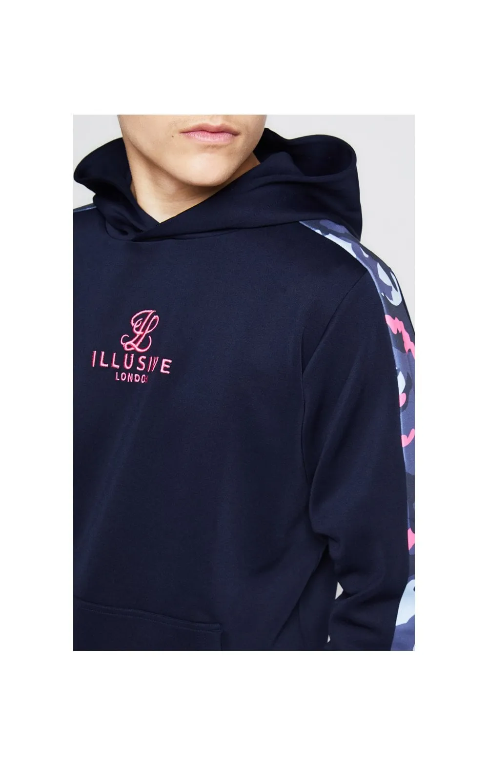 Illusive London Panelled Overhead Hoodie - Navy & Neon Pink Camo sold by Siksilk