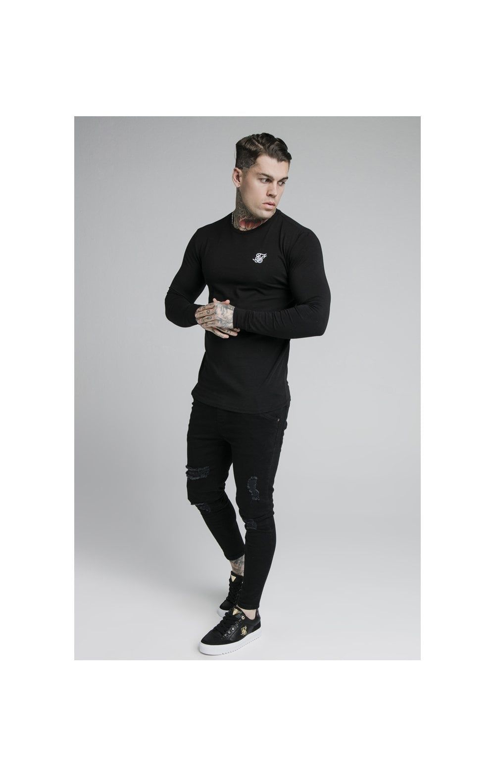 Black Essential Long Sleeve Muscle Fit T-Shirt sold by Siksilk product image thumbnail 4