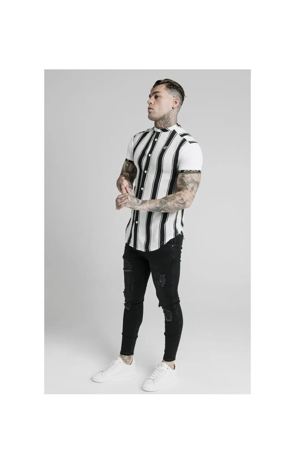 SikSilk High Collar Resort Shirt - Black & White sold by Siksilk product image thumbnail 4