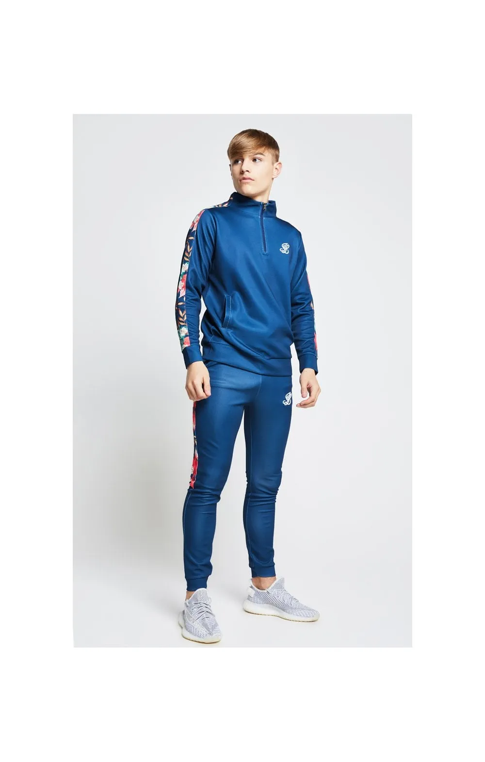 Illusive London Panel Funnel Neck 1/4 Zip Hoodie - Teal & Tropical Leaf sold by Siksilk product image thumbnail 4