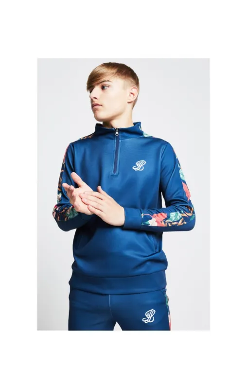 Illusive London Panel Funnel Neck 1/4 Zip Hoodie - Teal & Tropical Leaf sold by Siksilk