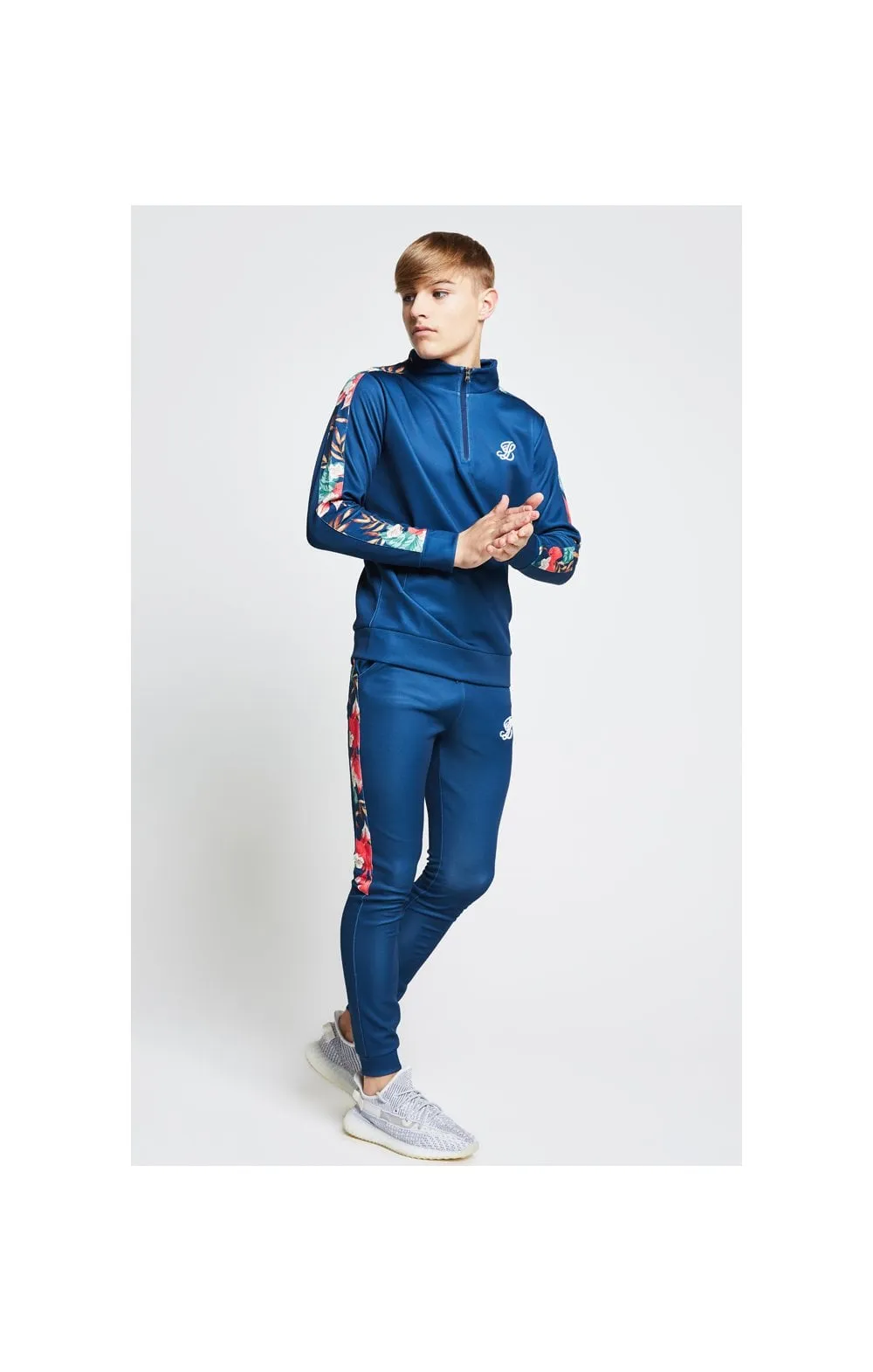 Illusive London Panel Funnel Neck 1/4 Zip Hoodie - Teal & Tropical Leaf sold by Siksilk product image thumbnail 5